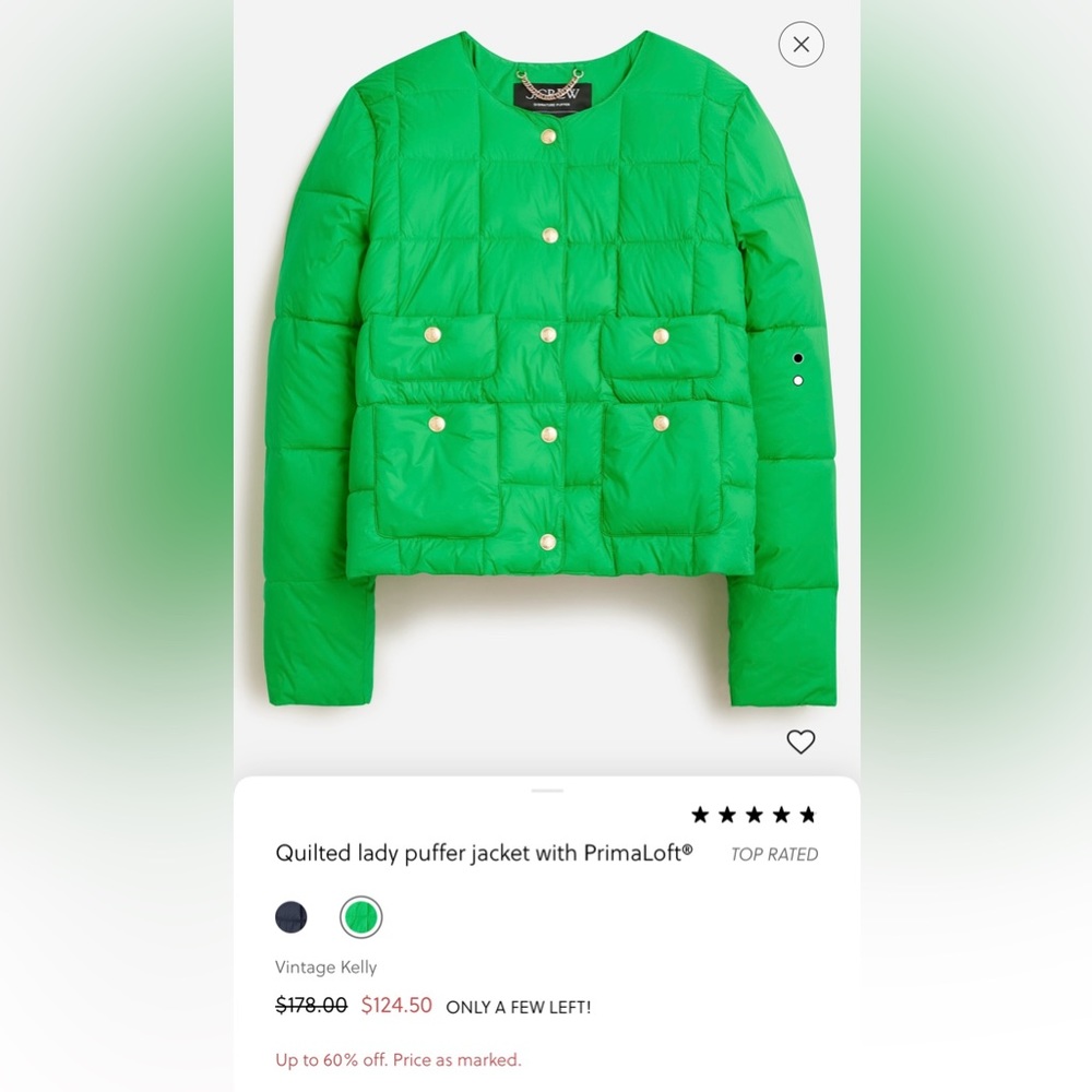 Brand New J Crew Lady Quilted Puffer Jacket with Primaloft.